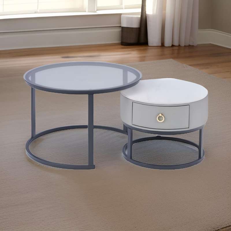 Modern Round Nesting Glass Top Coffee End Table and 1 Drawer Table