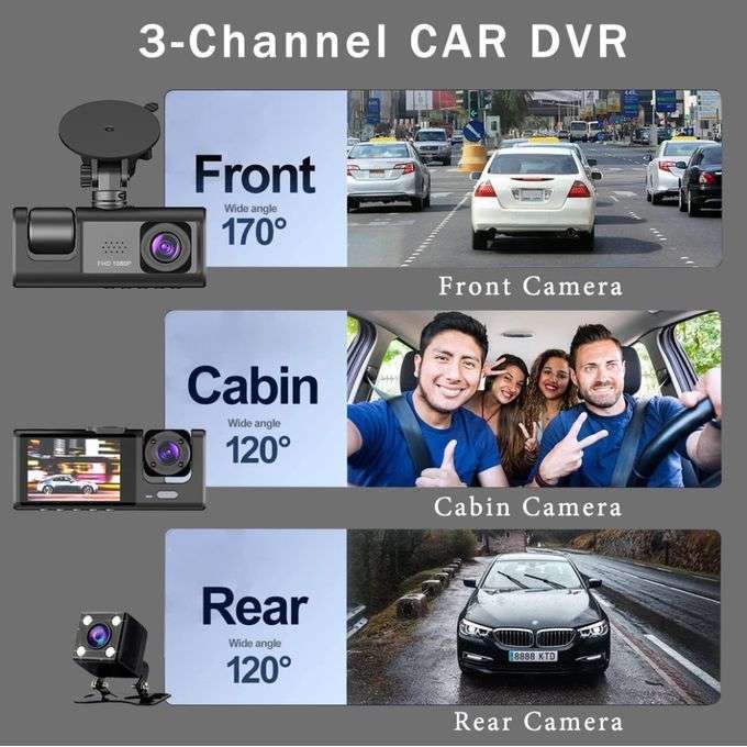 3 Channel DVR Dashcam with Front interior and Rear cameras AND 32GB TF Card