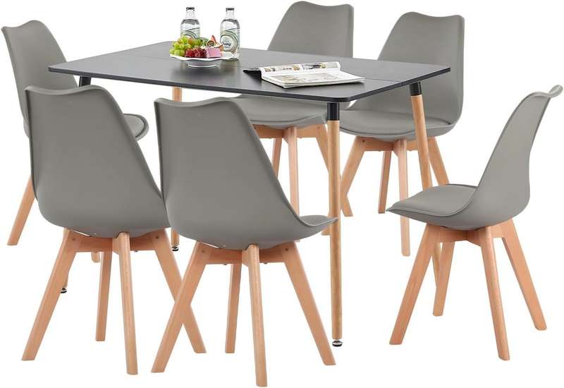 Black Dining Room Table With 6 Padded Grey Chairs