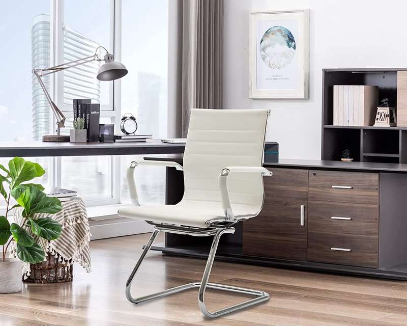 Office Chair - Ribbed Leather Guest Mid Back - White