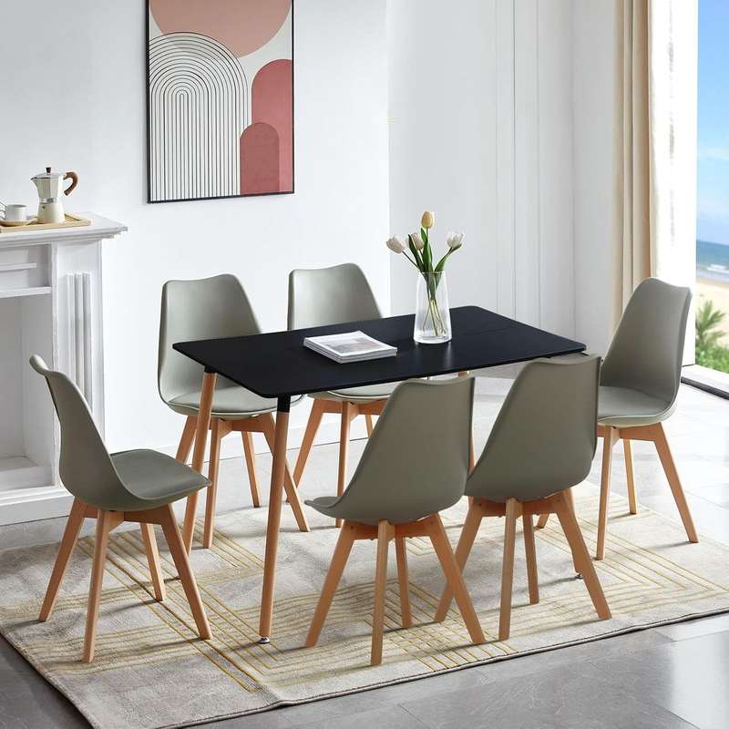 Black Dining Room Table With 6 Padded Grey Chairs