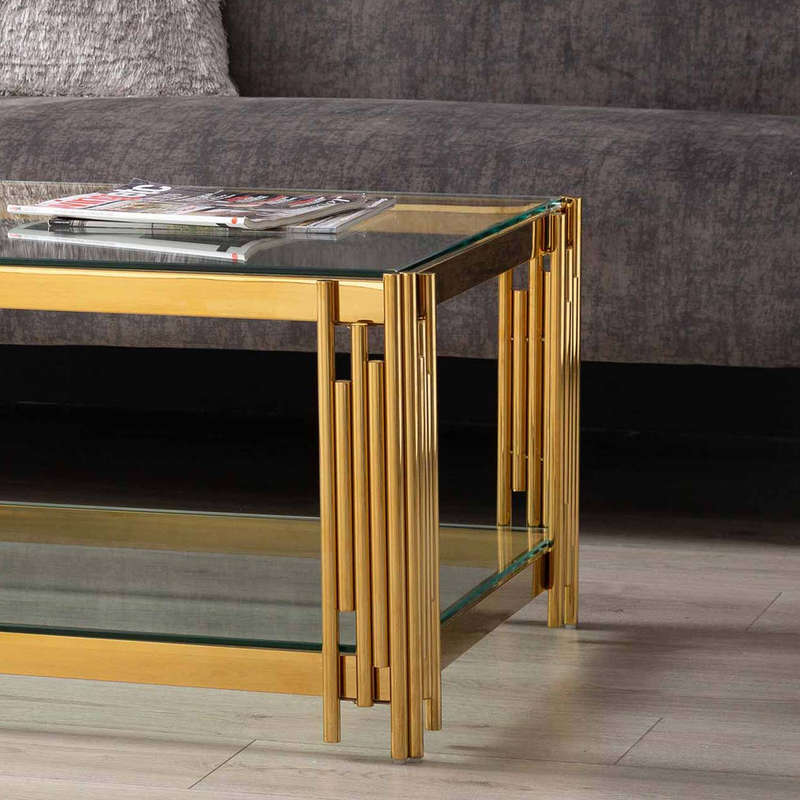 Coffee Tables -Rectangular Tempered Glass Top with Steel Frame  - Gold Colour