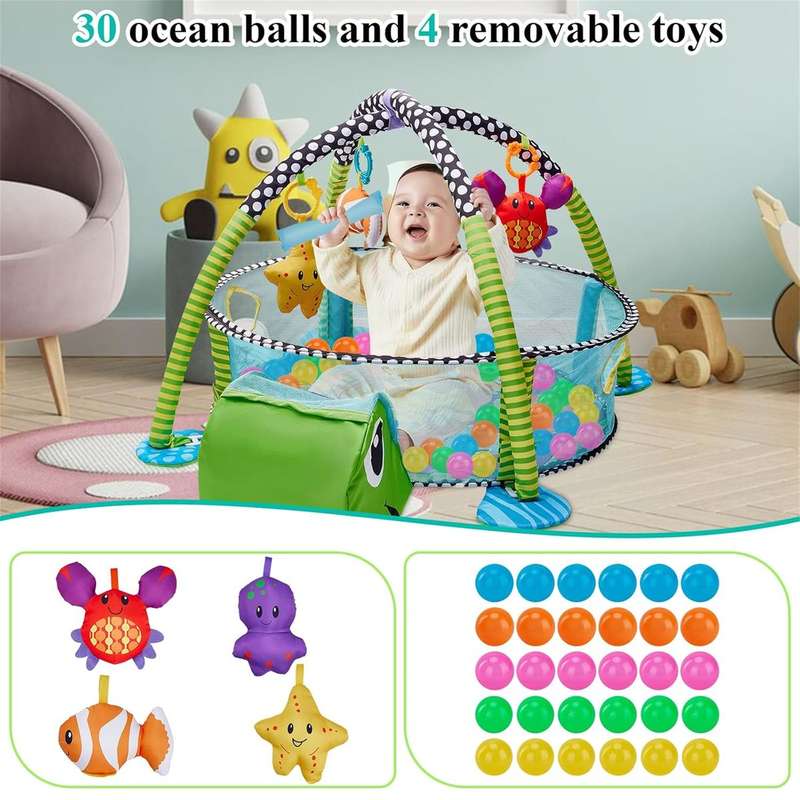 Baby Activity Gym with Hanging Toys and Colorful Ocean Balls Play Mat - turtle
