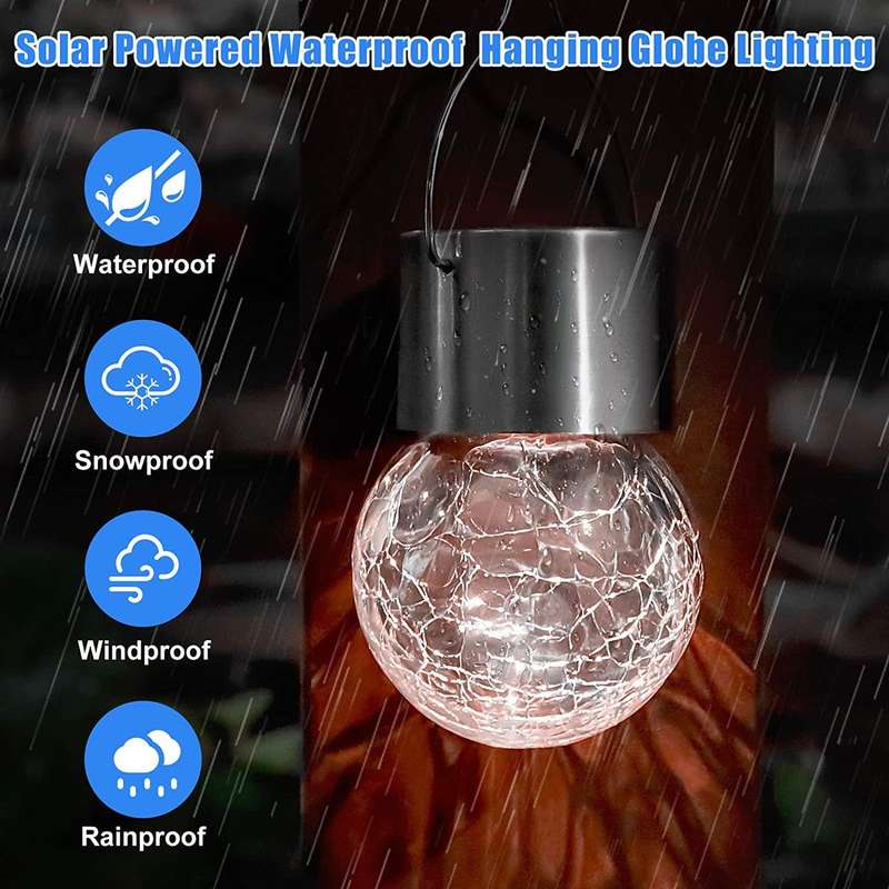 Set of 4 Outdoor Hanging Solar Lights,Cracked Glass Solar LED Lights
