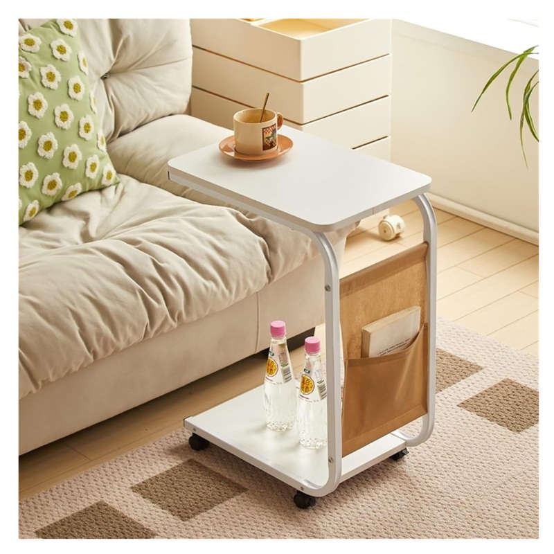 Sofa Side Table with Wheels and Storage Bag