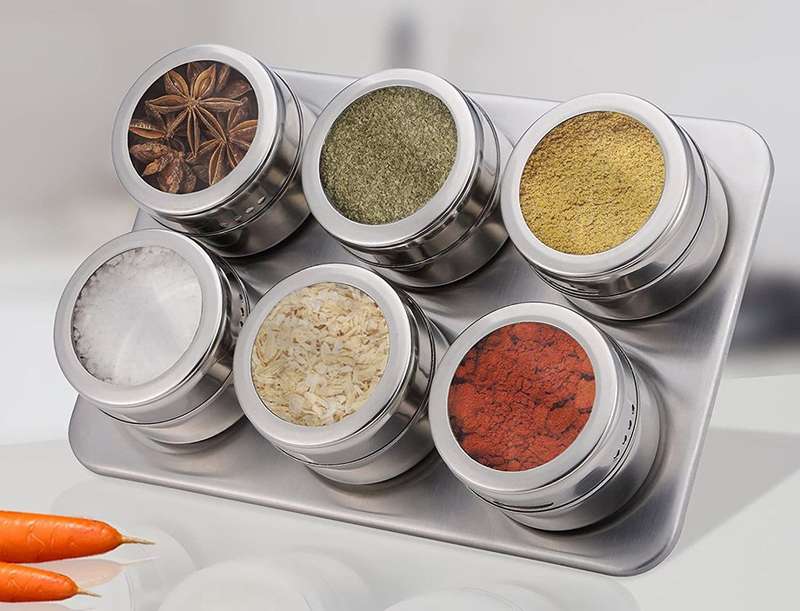 Stainelss Steel 7pc Magnetic Fridge Hang Spice Storage Jars Rack Set