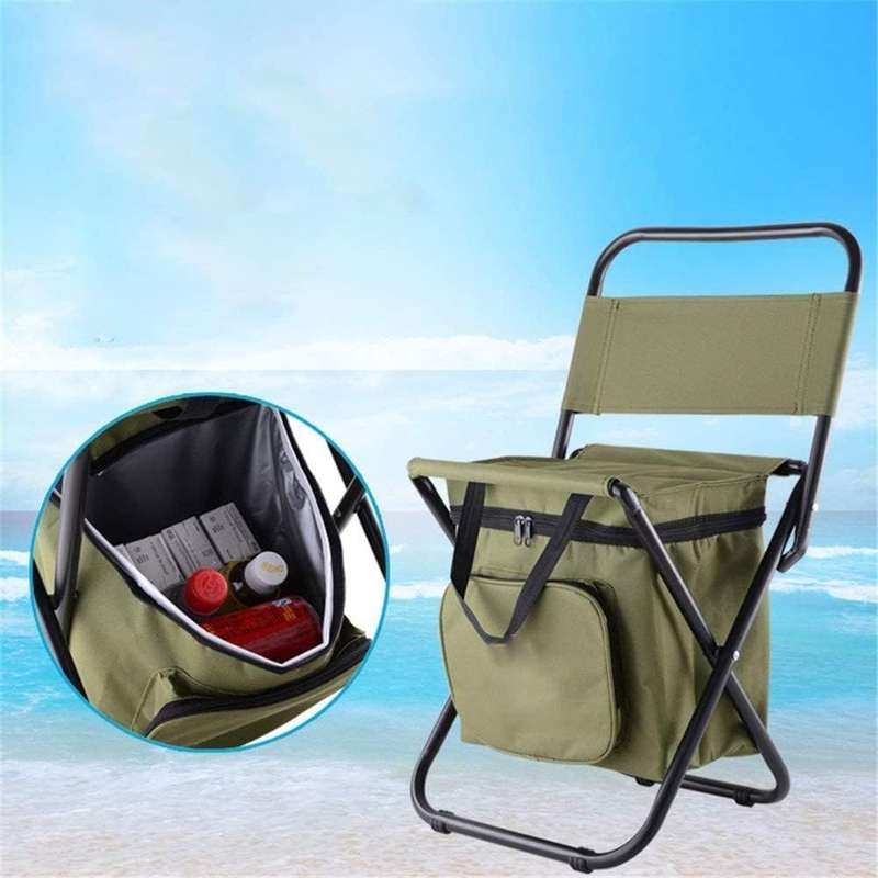 Foldable Fishing Chair & Cooler Bag Camping Sport Patio Picnic Outdoor Gift - Army Green