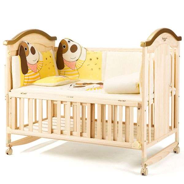 Wooden 5 in 1 Baby Cot with Cot Bumper Mat - Yellow