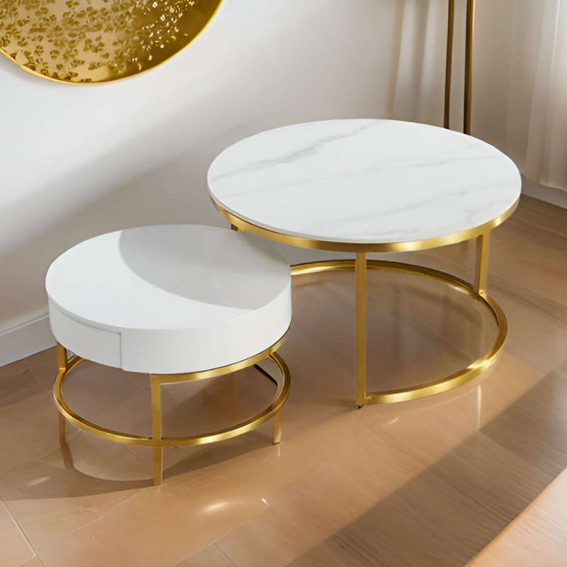 Modern Nesting Round End Coffee Table and Table with Drawer