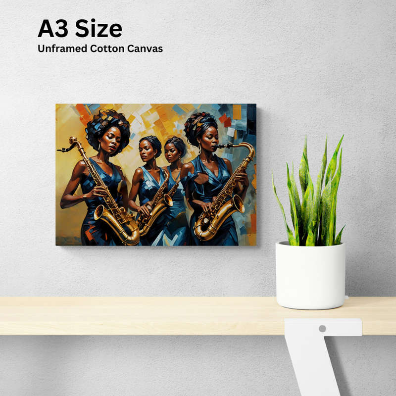 Jazz Queens: A Symphony in Blue  Printed Canvas Wall Art (Unframed) | African Female Saxophoni...