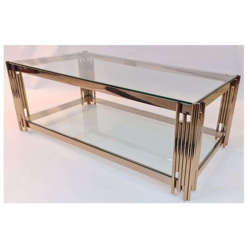 Gold Glass Top Coffee Table with Pipe Design Tubular Base