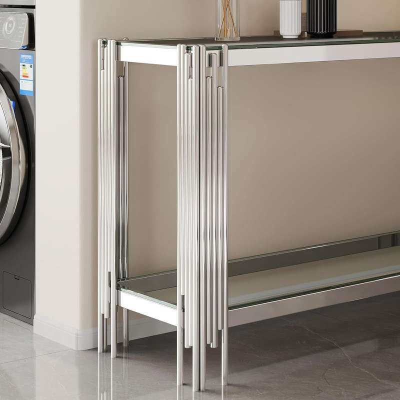 120cm x 40cm Modern Glass Console Table with Silver Metal Frame