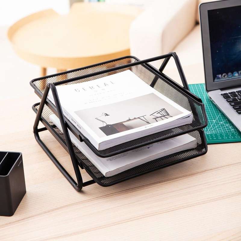 2 Tier Metal Mesh Document Sliding Tray Organiser - Black