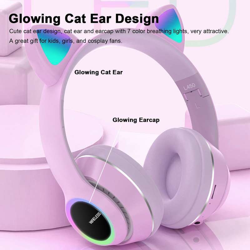 Cell N Tech®Cute Wireless Cat 5.0 Bluetooth LED HeadPhones - Purple
