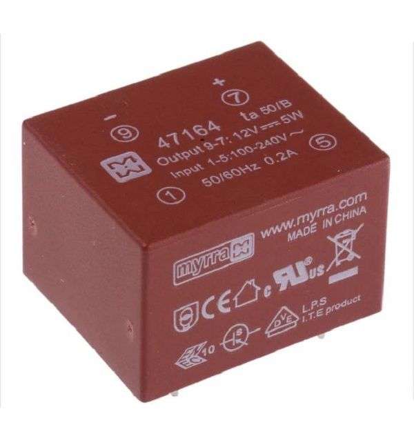 Myrra (47164) AC/DC PCB Mount Power Supply (PSU), 5 W, 12 V, 420 mA