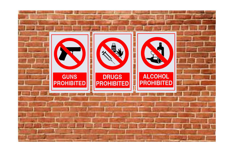 Pack of 3 ABS Safety Sign Boards: Guns, Alcohol, and Drugs Prohibited