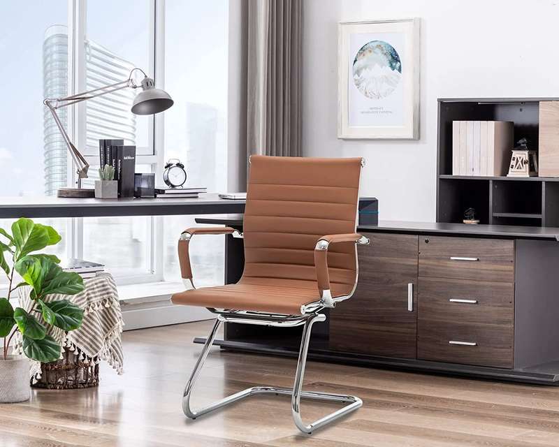 Office Chair - Ribbed Leather Guest Mid Back - Brown
