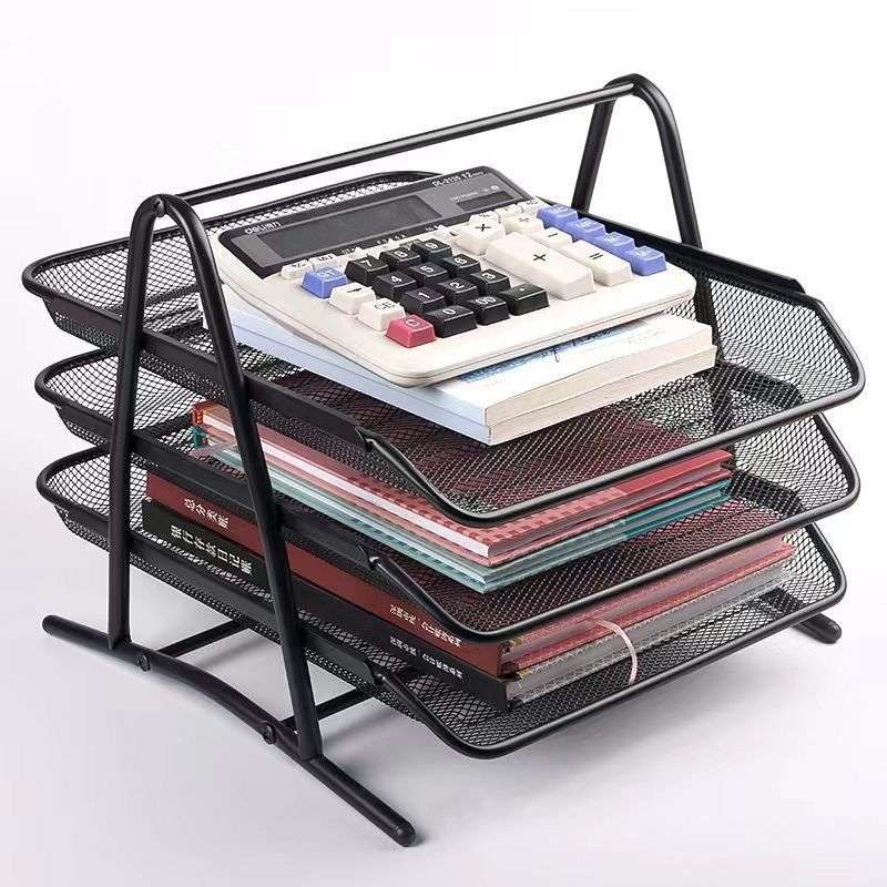 3 Tier Black Metal Mesh Stackable Desktop Document Letter Tray Organizer