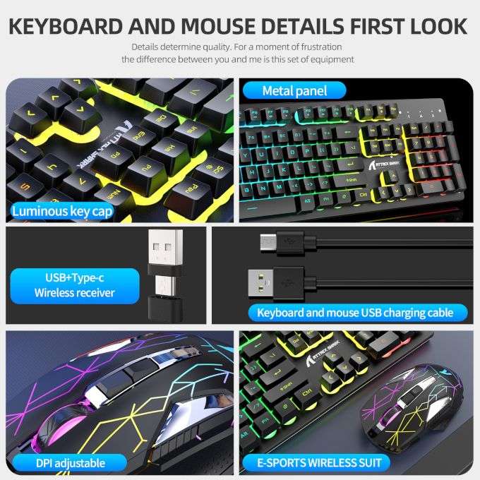 Wireless Gaming Keyboard Mouse Type C/USB RGB for Smart Device - White