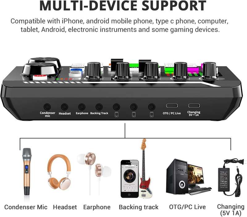 Live Sound Card Audio Mixer, Podcast Audio Interface with DJ Effects