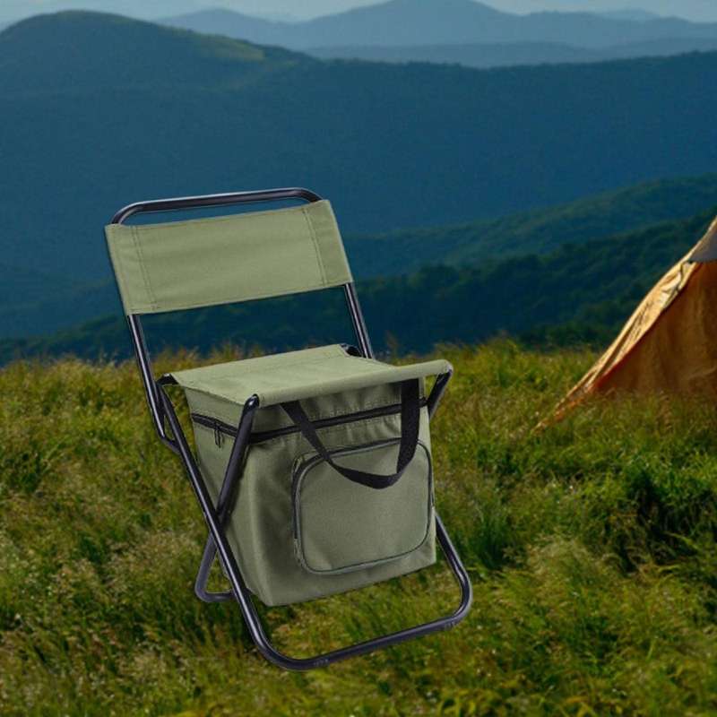Foldable Fishing Chair & Cooler Bag Camping Sport Patio Picnic Outdoor Gift - Army Green