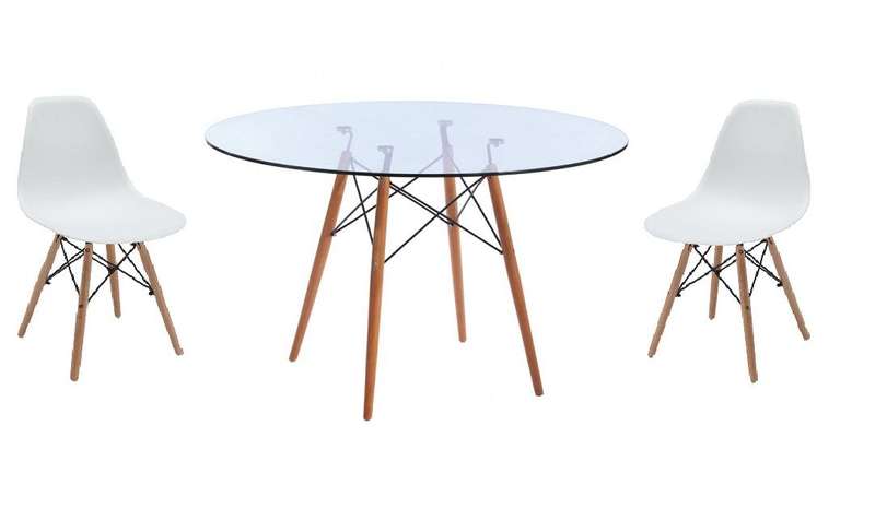 Glass Table and White Wooden Leg Chairs - 3 Piece