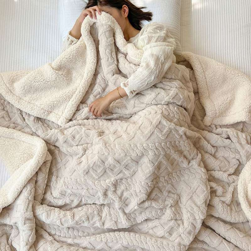 Polyester Geometric Fleece Blanket (all season) - Cream White