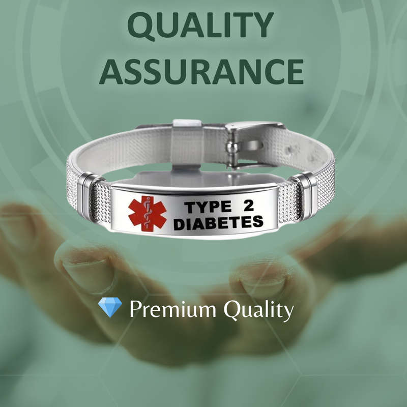 Stainless Steel Medical Alert Bracelet  Type 2 Diabetes | 23cm Adjustable Wristband with Silic...