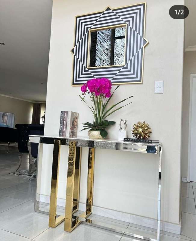 Modern plated metal and glass console table