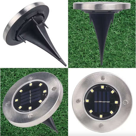 Solar Powered 8 Bead Flat to Ground LED Outdoor Disc Lights - 8 Pack