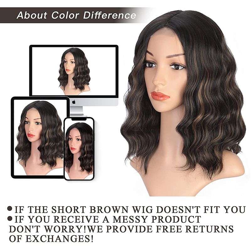 14inch Short Curly Wig Synthetic Shoulder Length Ombre Wigs - Brown Mixed Blonde