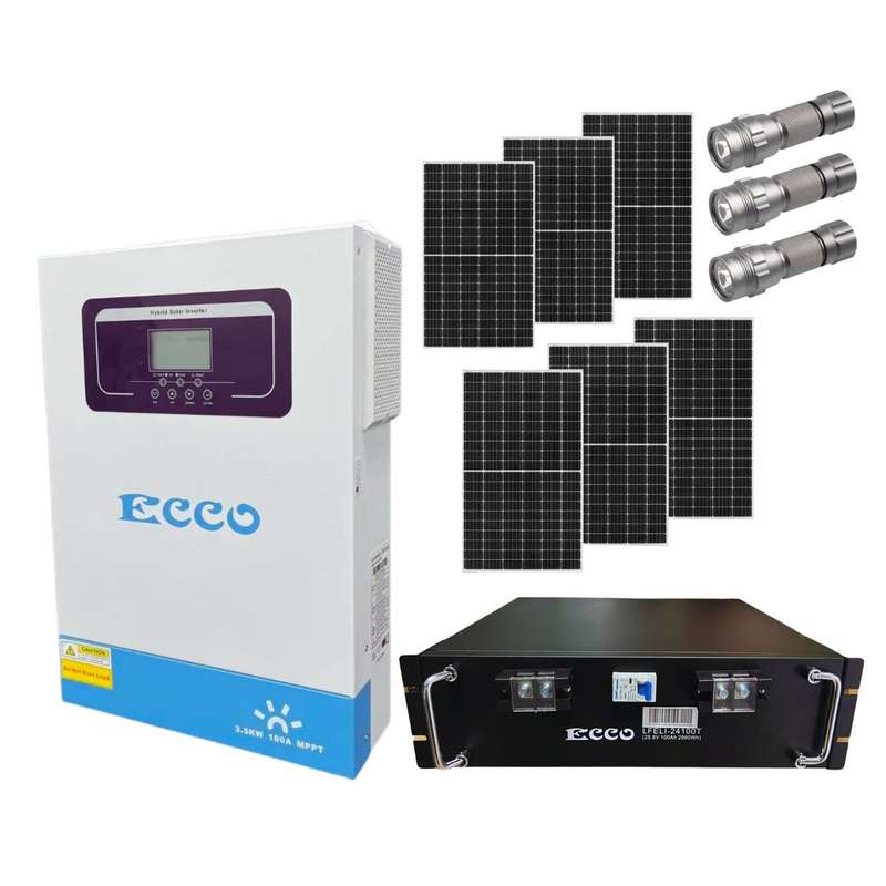 Ecco 3.5kw Invertor 25V Lithium Battery, 6 410w Solar Panel and Stier Torch