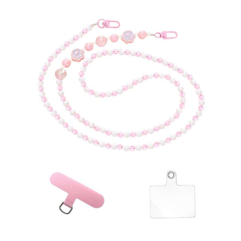 Bigfive Long Phone Lanyard Beads Chain With 2Pcs Back Patch - Pink