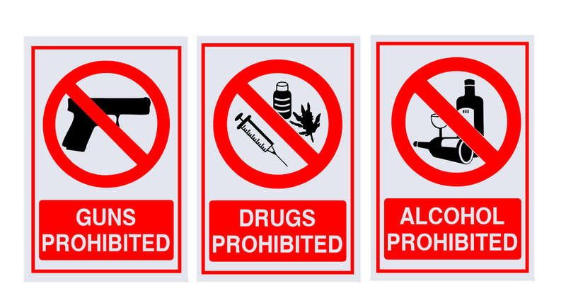Pack of 3 ABS Safety Sign Boards: Guns, Alcohol, and Drugs Prohibited