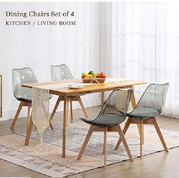 Modern transparent padded chairs with wooden legs - Grey 4 Pack