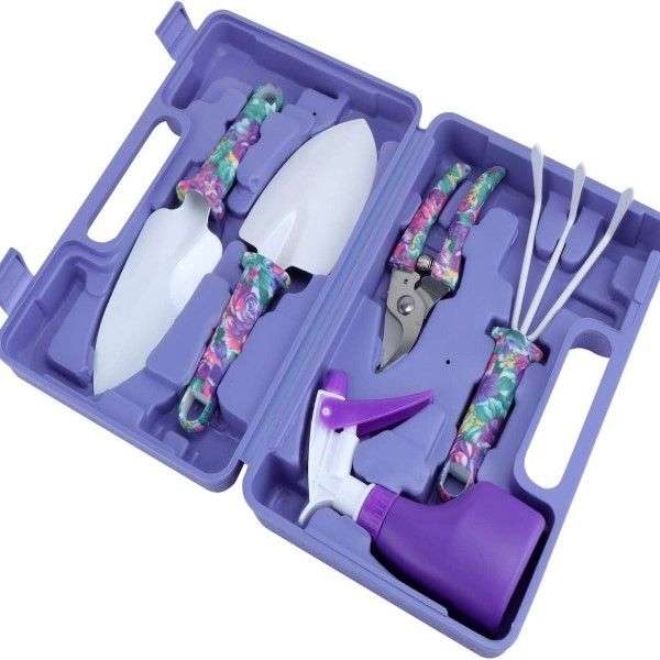 A set of 5 purple floral printed  gardening hand tools