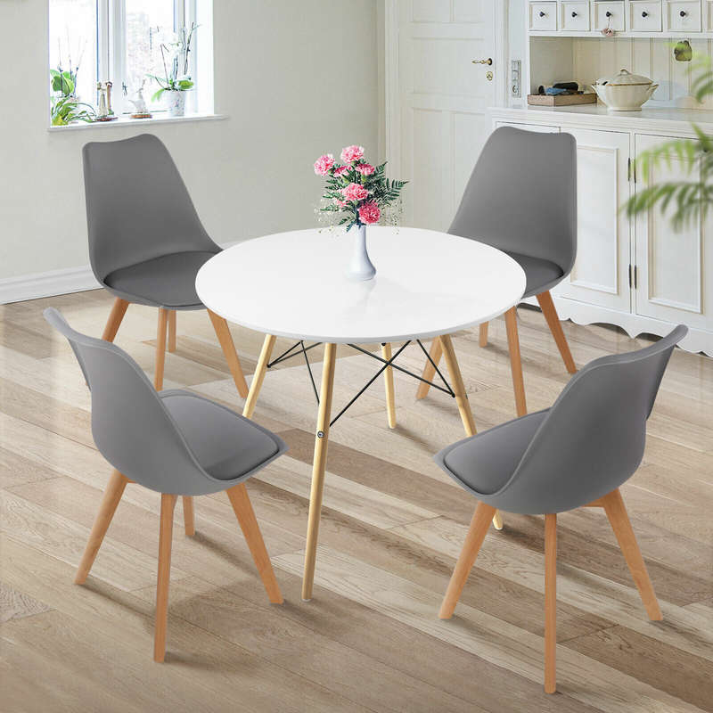 Dining Sets - Round Dining Table with Four Padded Chairs -Grey