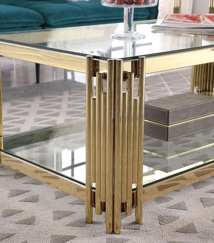 Coffee Tables - Rectangular Clear Tempered Glass Top with Gold Steel Frame