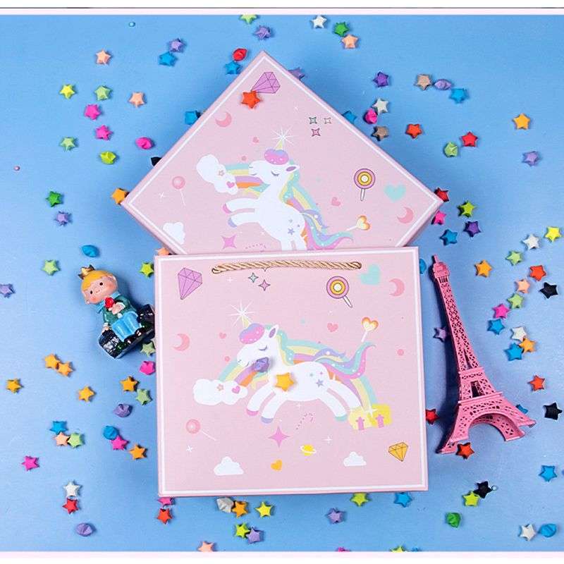 Rainbow Unicorn Gift Box With Lid And Shredded Paper Filler - Blue - S