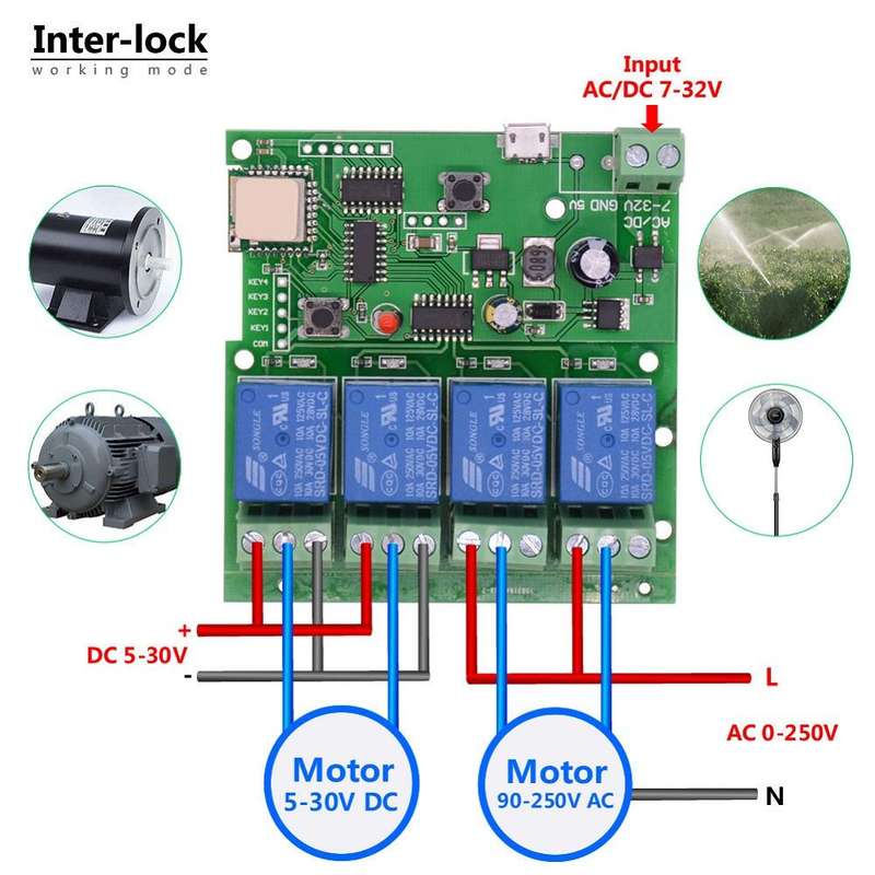DC WiFi + RF 4-way Switch Module Inching/Momentary/Self-Locking/Interlock