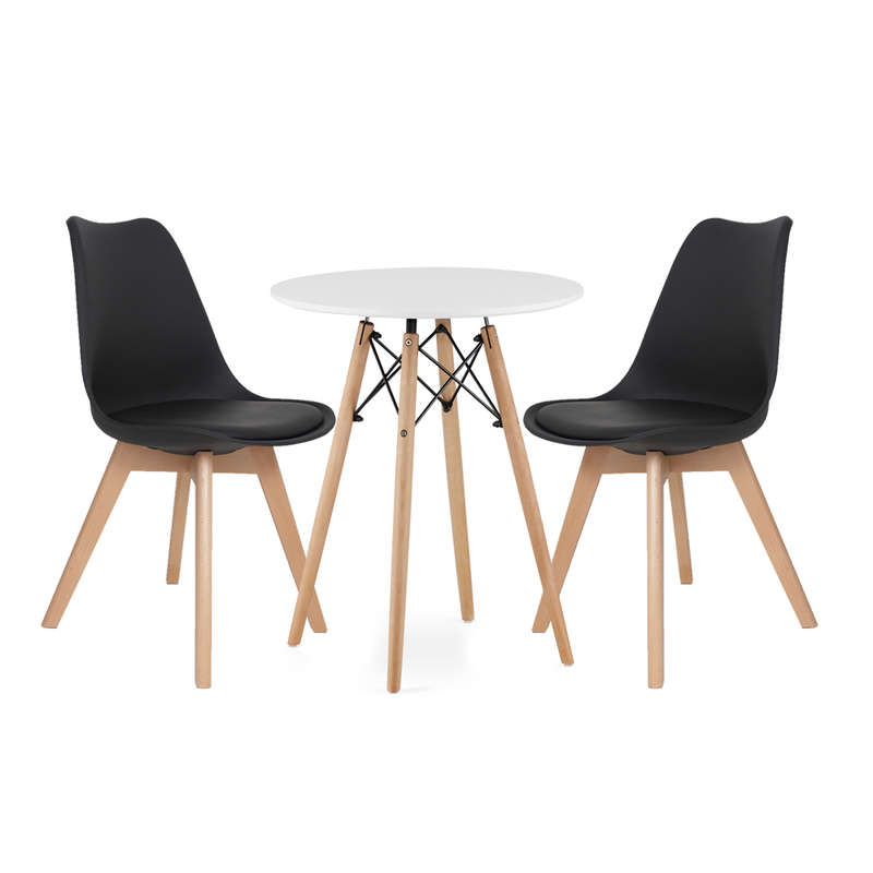 Dining Suites - Rounded Dining Table with Two Padded Chairs - Black, White