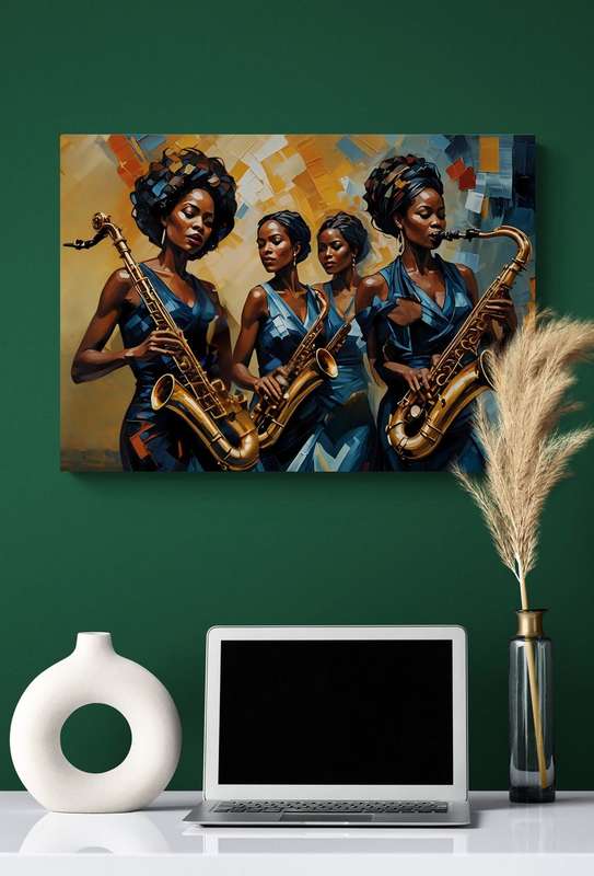 Jazz Queens: A Symphony in Blue  Printed Canvas Wall Art (Unframed) | African Female Saxophoni...