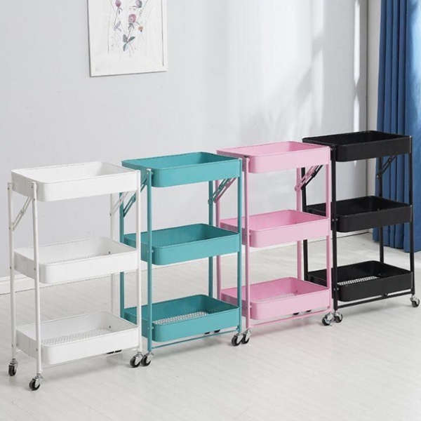 3 Tier Metal Rolling Cart Utility Cart- pink
