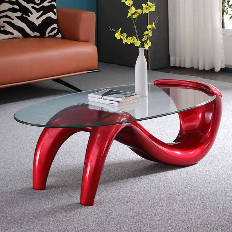 Coffee Tables - Tempered Oval Glass - Red Colour