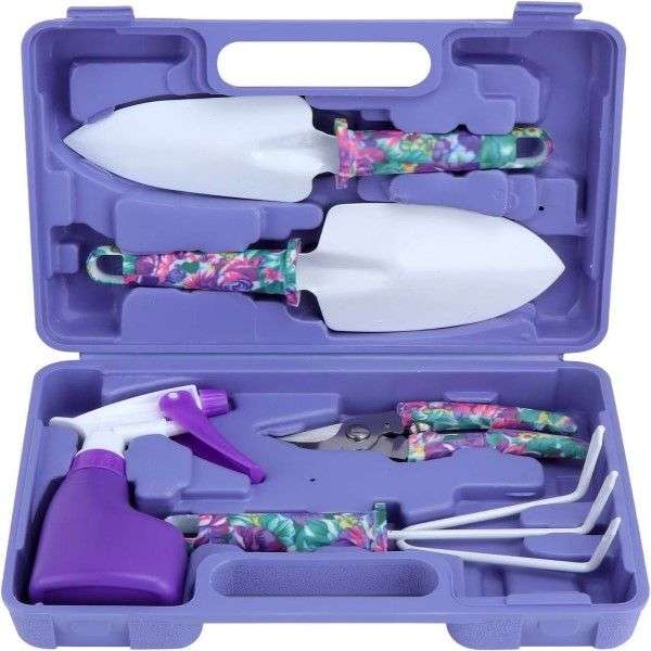 A set of 5 purple floral printed  gardening hand tools