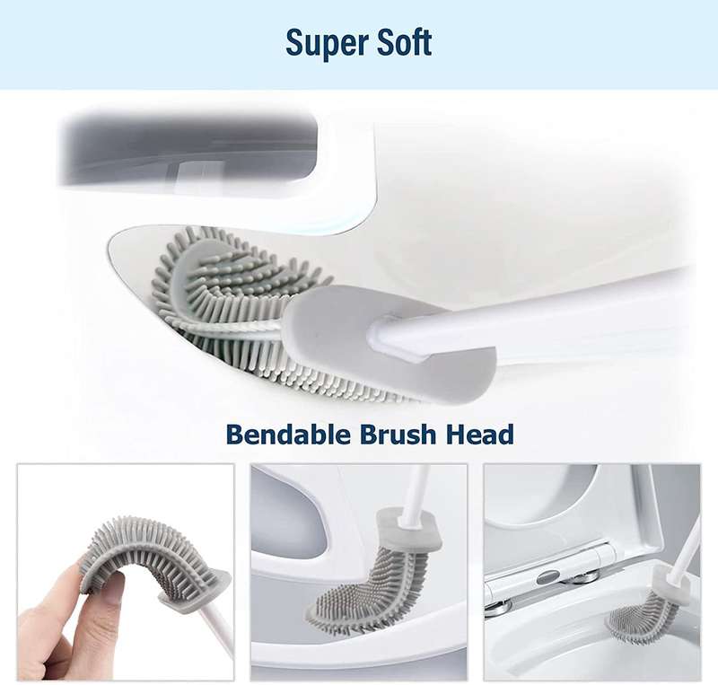 Sleek Design Silicon Bristles Toilet Brush with Holder and Non-Slip Handle