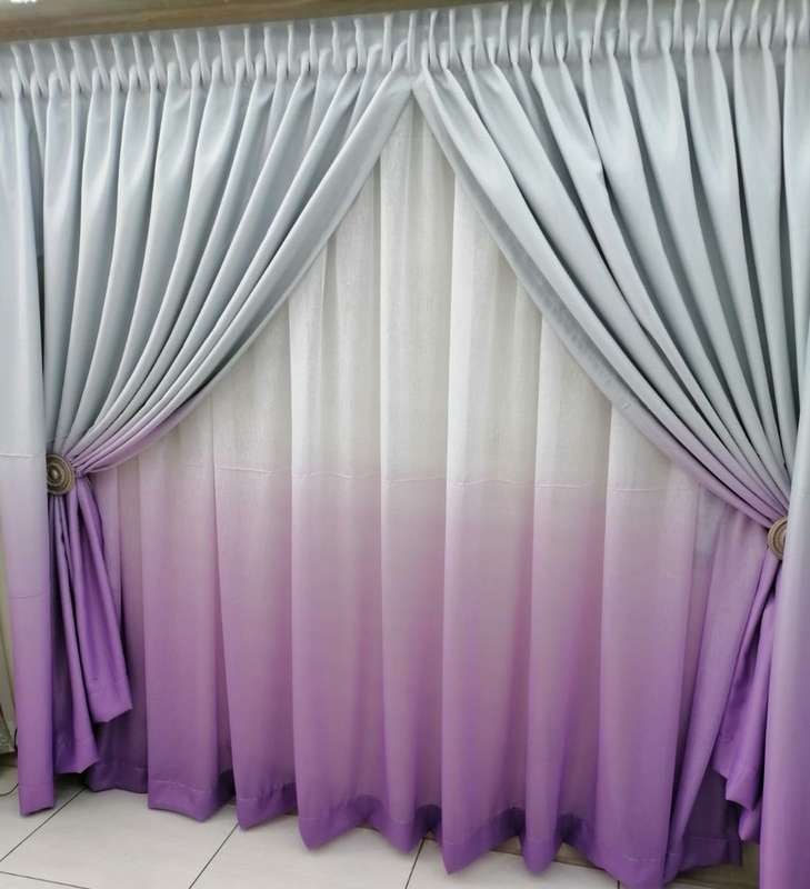 Double Color Plain Curtain With Lace And Tie Backs - Purple