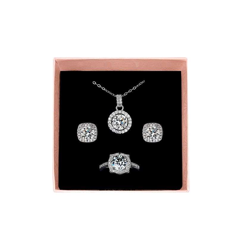 Zirconia Pendant Necklace Earrings Ring Set - Round