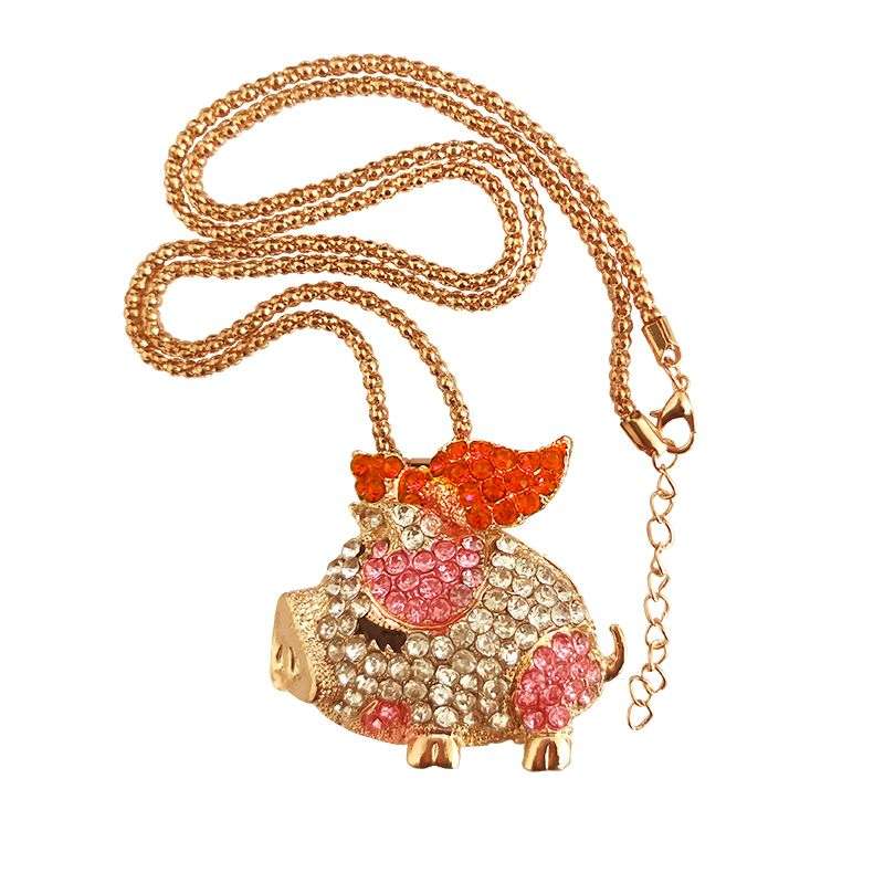 Little Pig Piggy Pendant Necklace Crystal Gift For Women - Brown/Red