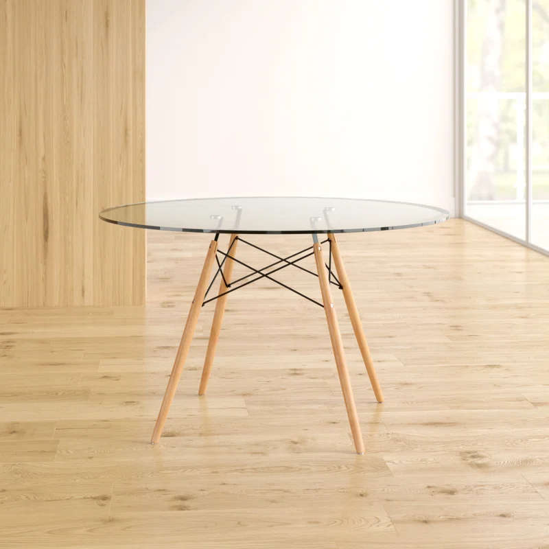 Round Glass Dining Table With Elegant Wooden Legs
